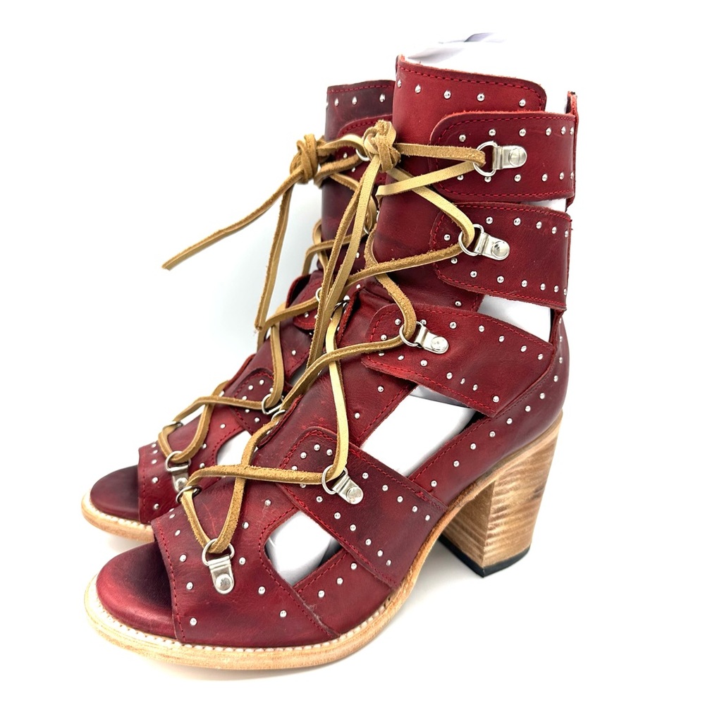 Freebird Brandy Red leather booties cut outs open toe heeled shoes